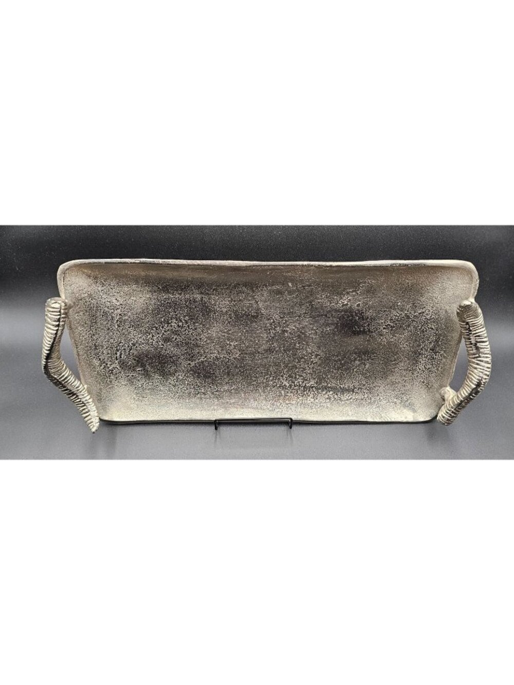 Decorative Silver-Tone Tray Textured Surface & Horn-Style Handles Brutalist Goth